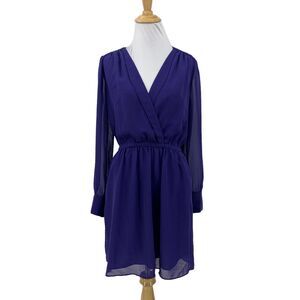BCBGeneration Surplice Dress Womens XXS Royal Blue Cinch Waist Chiffon Sleeves